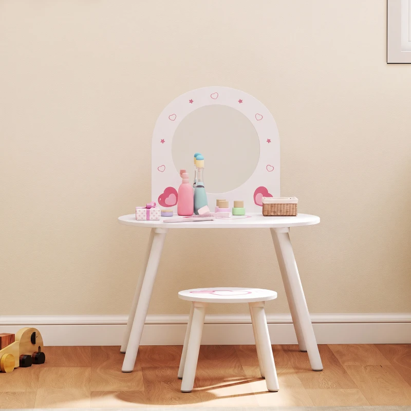 AIYAPLAY Penteadeira Infantil com Banco e Espelho, para Meninas, com Desenhos de Corações, para Crianças de 3-6 Anos, Branca