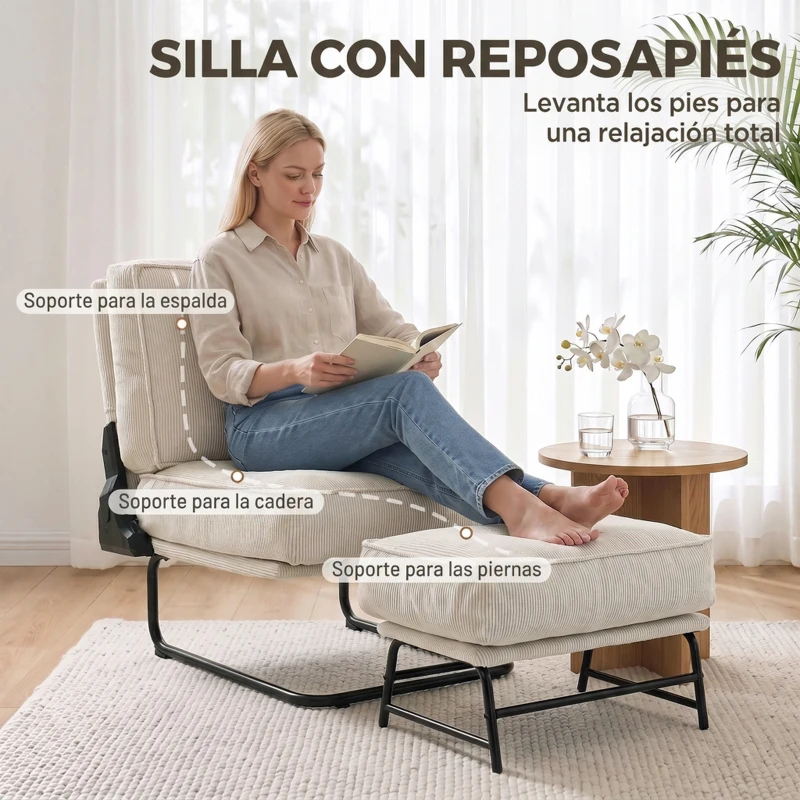 HOMCOM Sillón con Reposapiés Respaldo Ajustable Sillón de Lectura de Pana con Asiento Ancho Acolchado Grueso Crema