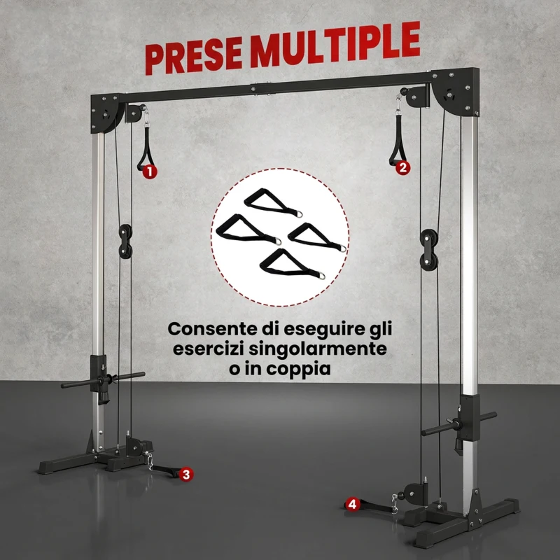 SPORTNOW Lat Machine con Pulegge Regolabili, Stazione a Cavi con Pulldown, 4 Maniglie e Carico Pesi Regolabile, in Acciaio