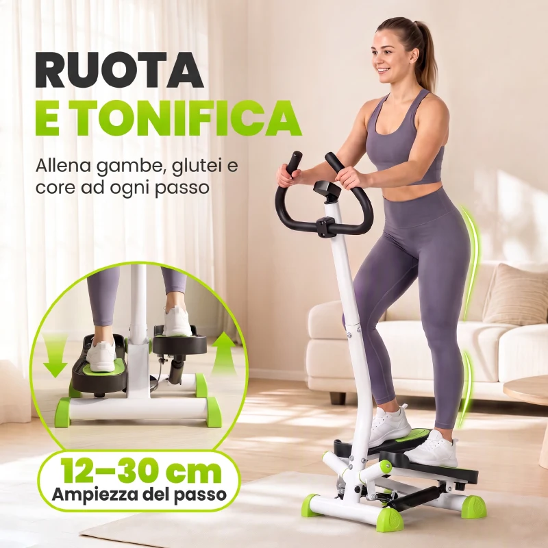 HOMCOM Stepper con Manubrio, Pedali Antiscivolo e Monitor LCD, in Acciaio e ABS, 55x44x108 cm, Bianco Nero e Verde