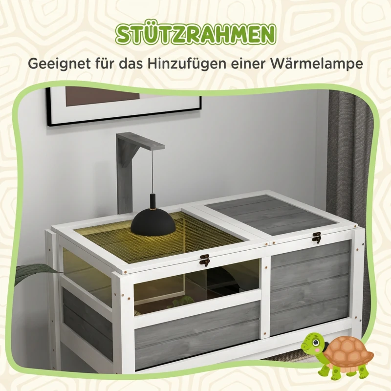 PawHut Houten schildpaddenhuis met opbergplank, lampenhouder, acrylvenster, klapdak en uitneembare bak
