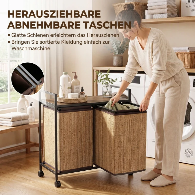 HOMCOM Wäschekorb Bambus 2 Fächer 120 L Wäschesammler mit Regal Ablage, Wäschebox Wäschesack, Rollbar 73x33x78 cm, Braun