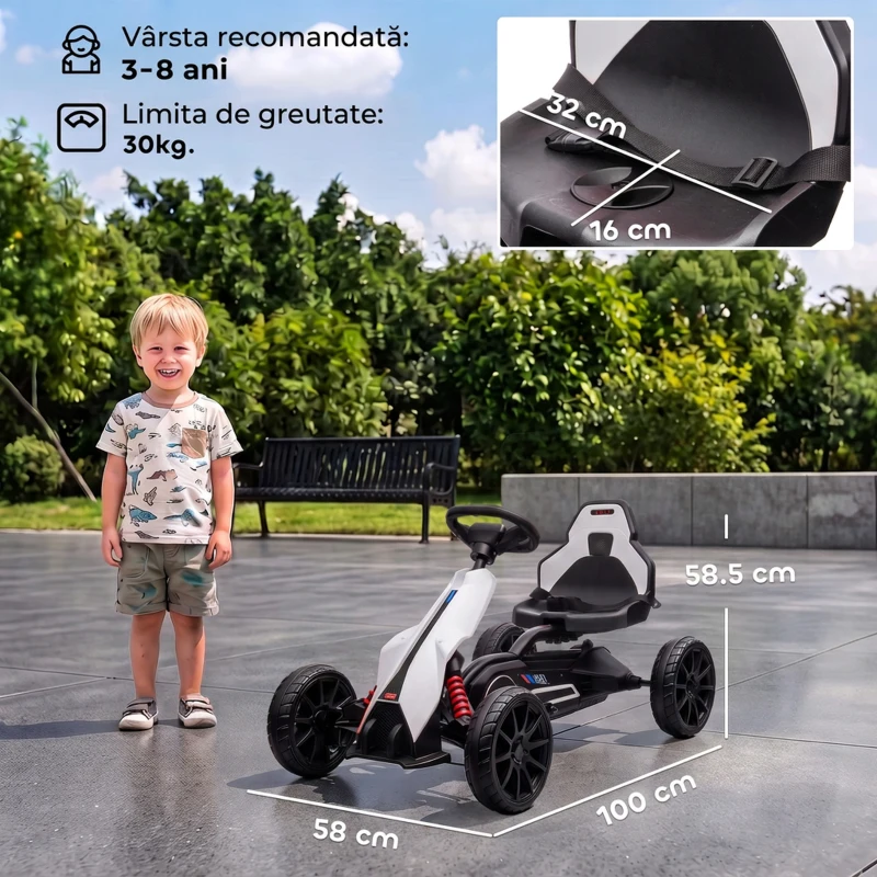 HOMCOM Go-Kart Electric Pentru Copii 3-8 Ani, 3-5 Km/h, Alb