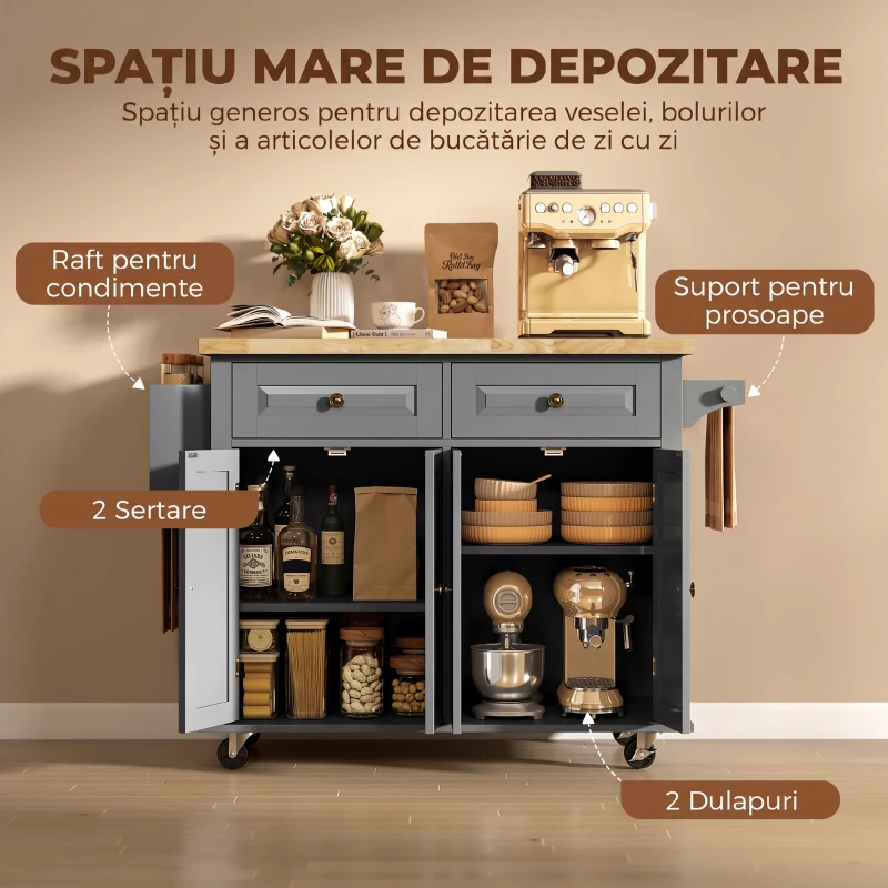 HOMCOM Insulă de Bucătărie cu Roți și Sertare, 111 x 44,5 x 82,5 cm, Gri