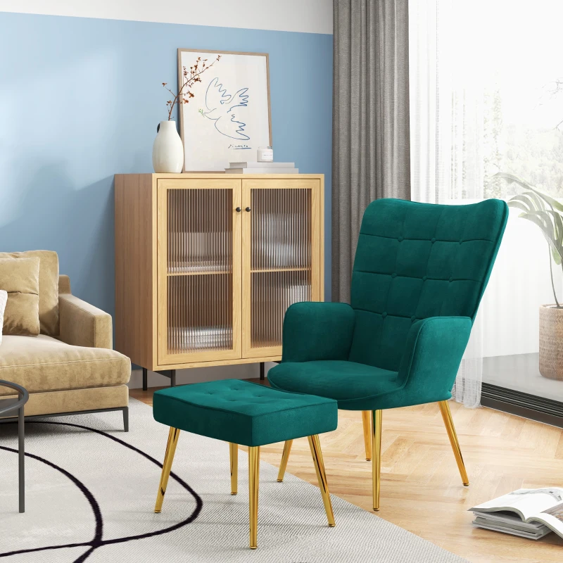 HOMCOM Modern Armchair with Footstool, Upholstered Accent Chair with Ottoman, Steel Legs, Velvet Wingback Chair for Living Room, Bedroom, Home Study, Dark Green