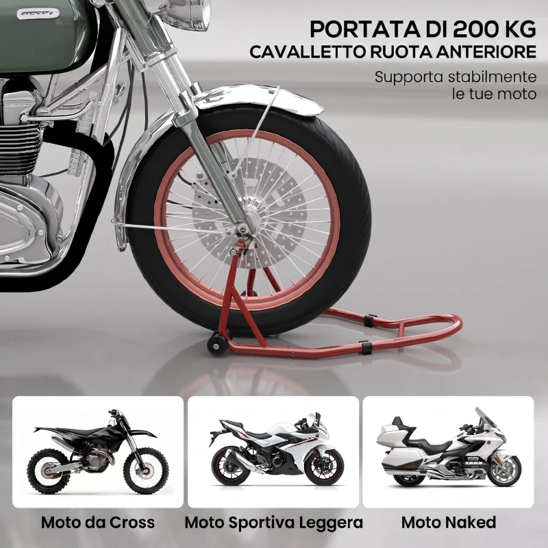 HOMCOM Cavalletto Anteriore per Moto con Tappetino Antiscivolo, Adattatori Regolabili per Perni e Perno a Forchetta, Capacità 200 kg, per Pneumatici da 18", 17" e 10"