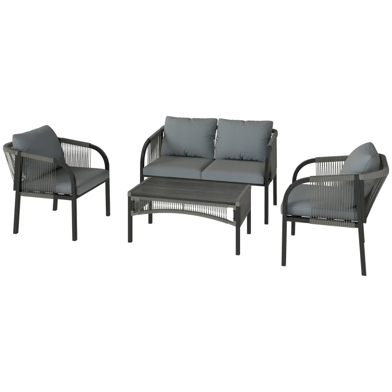 Outsunny 4 Piece Rattan Garden Furniture Set with Loveseat, Armchairs, Table, Steel Frame Wicker Patio Conversation Set, Grey
