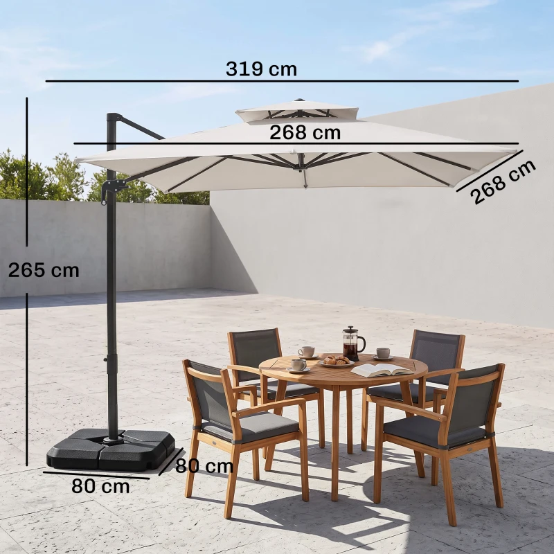 Outsunny Ombrellone a Sbalzo a Doppia Copertura con Manovella, Base a Croce e Pesi, 268x268x265 cm, Beige