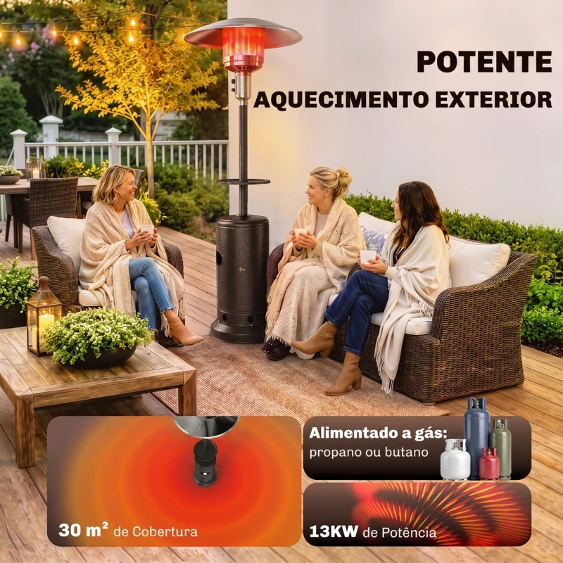 Outsunny Aquecedor de Exterior a Gás para Terraço com Espaço para Garrafa de Gás 13 kW Castanho