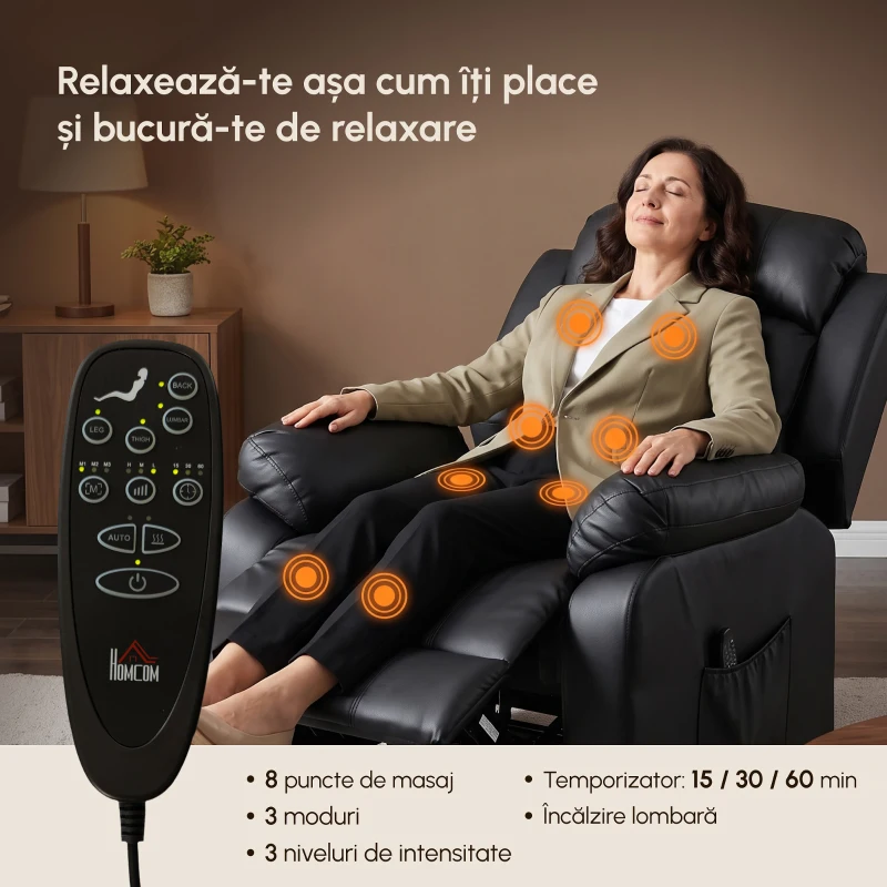 HOMCOM Fotoliu Rulant Electric de Masaj cu Încălzire, Ridicare Asistată și Port USB, Piele PU, Negru