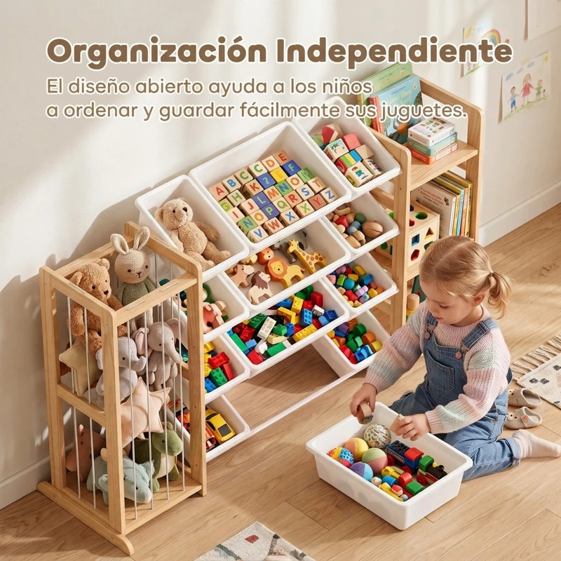 AIYAPLAY Estantería Infantil de Juguetes de Madera con 12 Cajas Organizador de Peluches 3 Estantes 146x39,5x88 cm Natural