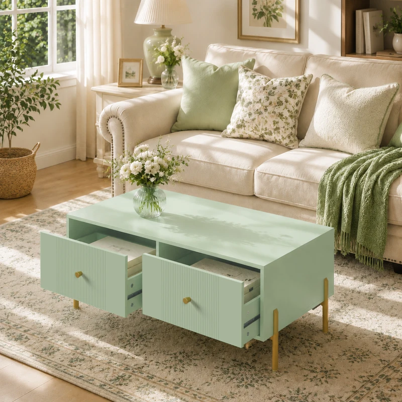 HOMCOM Modern Coffee Table, Living Room Table with Storage, 2 Drawers and Metal legs for Bedroom, Light Green