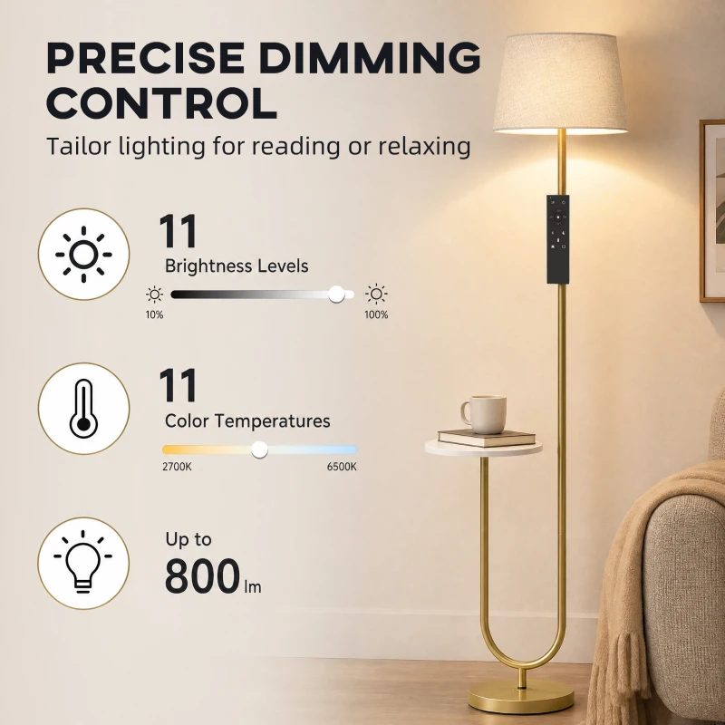 HOMCOM Modern Floor Lamp with Shelf, Dimmable Floor Lamp with Linen Shade, RF Remote and Foot Switch for Living Room, Gold Tone