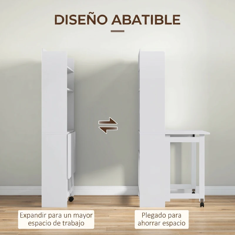 HOMCOM Escritorio de ordenador con estantes de almacenamiento panel abatible y 2 ruedas para dormitorio sala de estar 80x69x153 cm