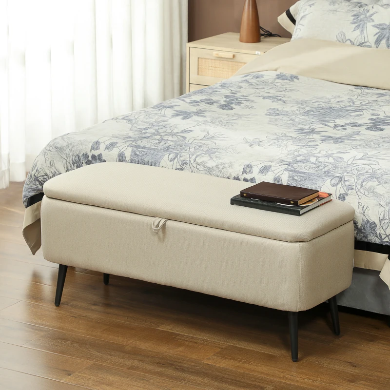 HOMCOM Banco de Armazenamento Estofado em Linho com Tampa Abatível e Pés de Aço Carga Máxima 150kg 101x38,5x44,5 cm Bege