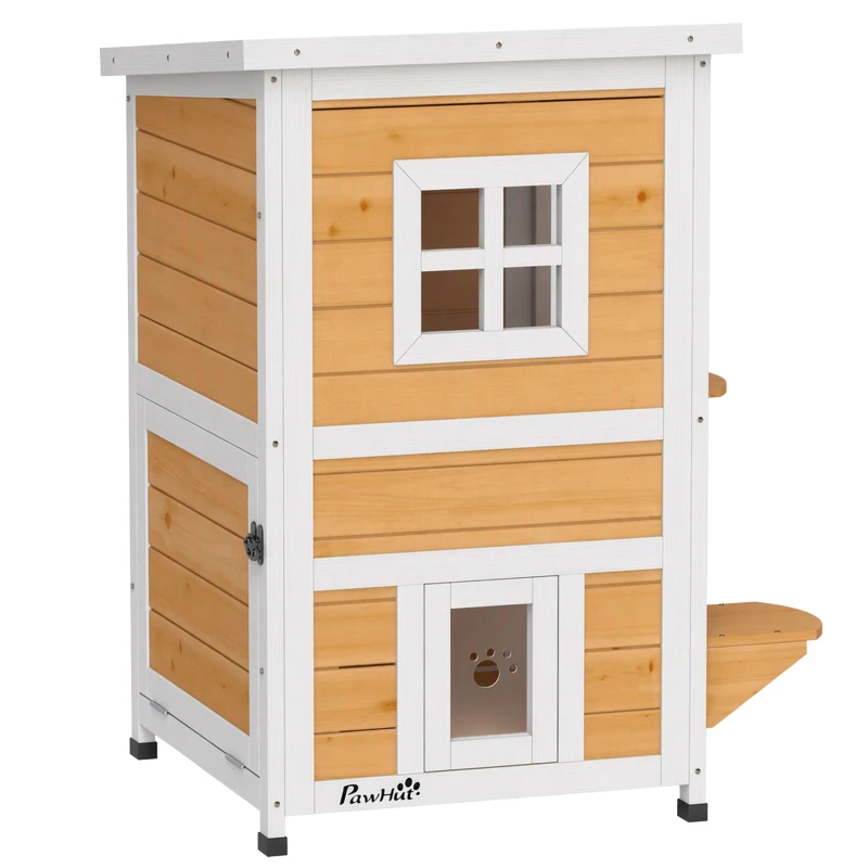 PawHut Caseta para Gatos de Madera Exterior de 2 Niveles con Techo Abatible Panel Central Extraíble 51x51x81,3 cm Natural