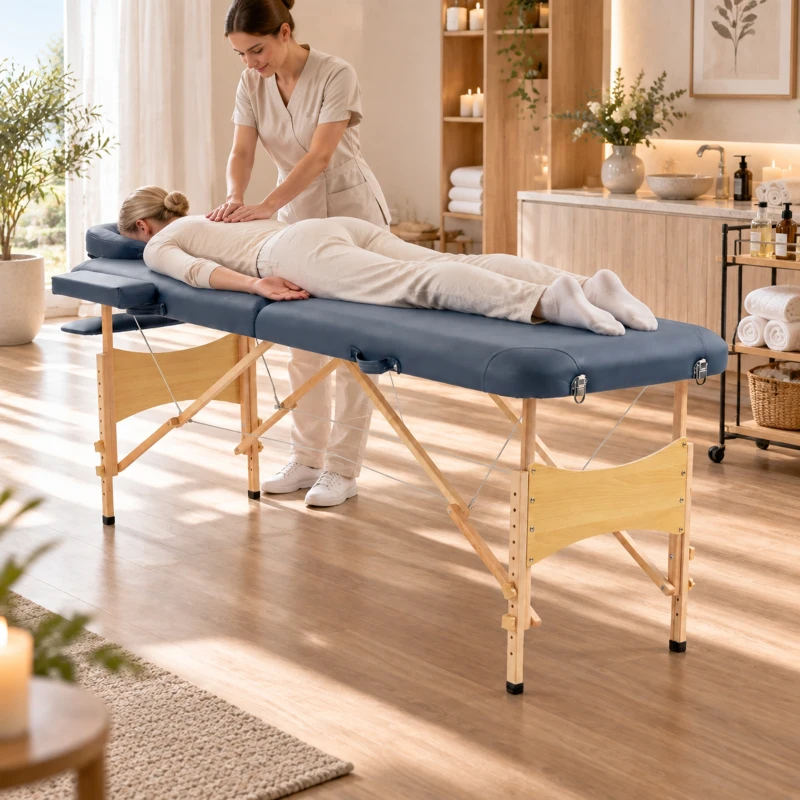 HOMCOM Portable Massage Bed, Folding Spa Beauty Massage Table with 2 Sections, Carry Bag and Wooden Frame, Dark Blue