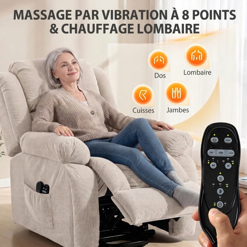 HOMCOM Fauteuil Releveur Électrique, Massage et Chauffage, Repose-Pieds, Dossier Inclinable, Télécommande, 93x104x100cm, Beige