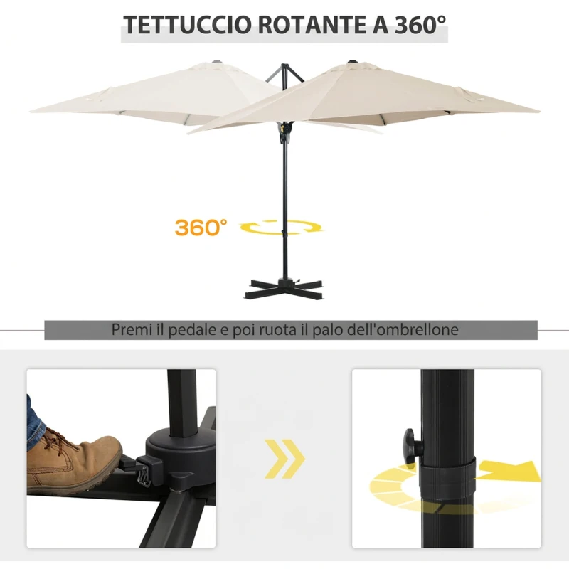 Outsunny Ombrellone da Giardino con Angolazione Regolabile su 5 Livelli e a 360°, 2.5x2.5 m, color Crema