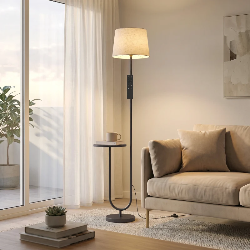 HOMCOM Modern Floor Lamp with Shelf, Dimmable Floor Lamp with Linen Shade, RF Remote and Foot Switch for Living Room, Black