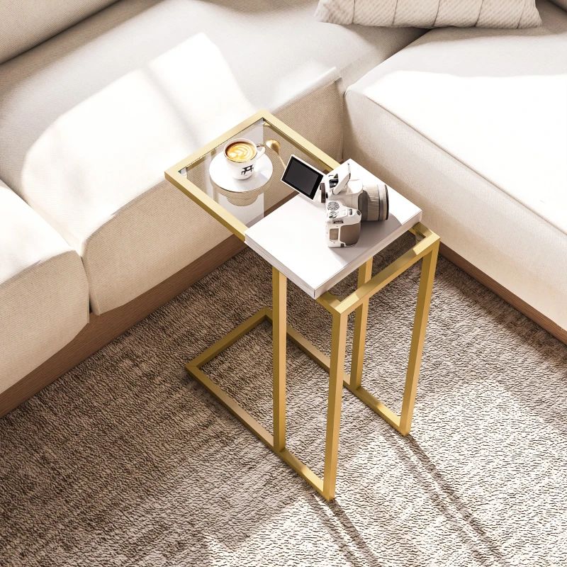 HOMCOM Mesa auxiliar en forma de C con sobre de vidrio templado, estructura de acero, dorado