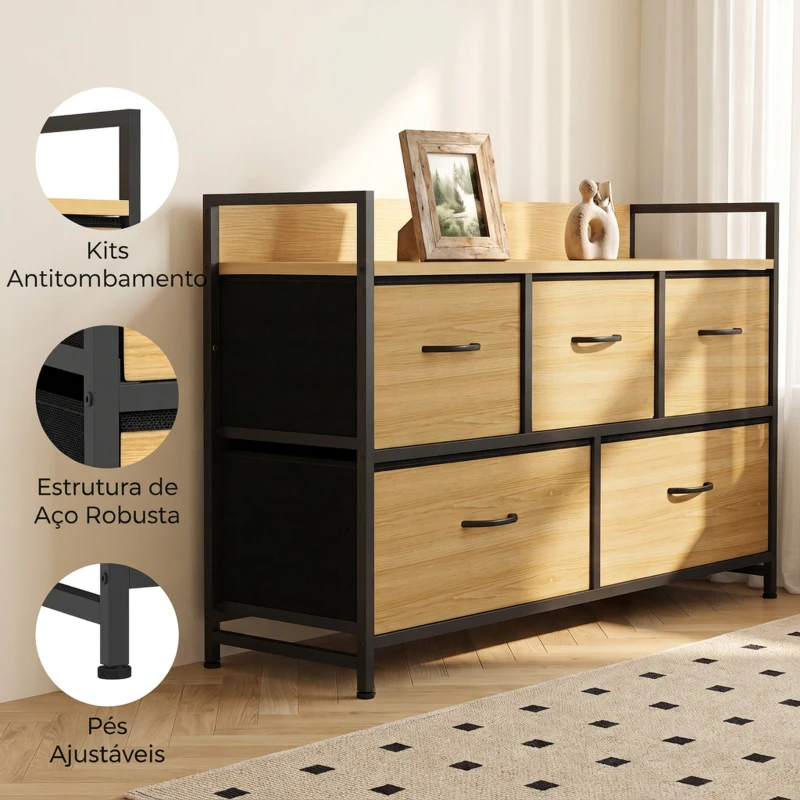 HOMCOM Cómoda Dobrável de Quarto em Tecido com 5 Gavetas, Estrutura em Aço, Preto e Carvalho