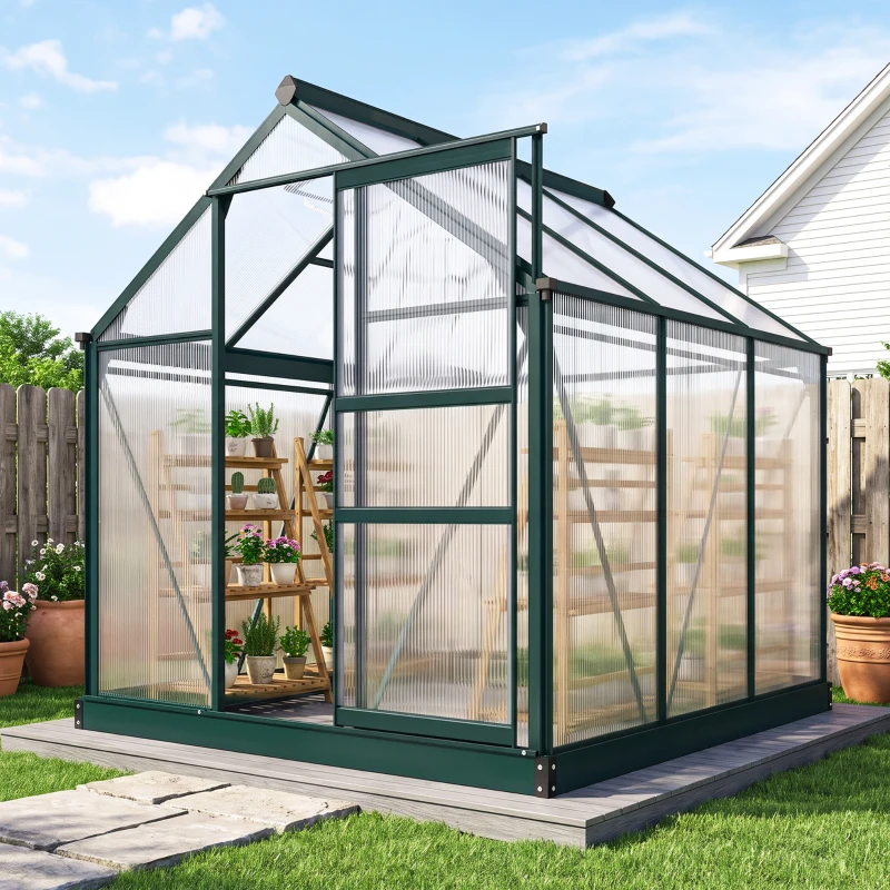 Outsunny Invernadero de Jardín 2x2 m Policarbonato y Aluminio Vivero Casero con Tragaluz Protección UV30 y Base 3,65 m² para Macetas Cultivo Plantas Flores Transparente