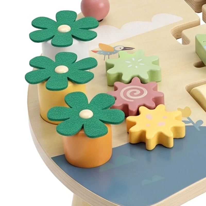 AIYAPLAY Wooden Baby Activity Table for 1-3 Years, 6-in-1 Montessori Activity Table with Gears, Bead Maze, Rotating Clock