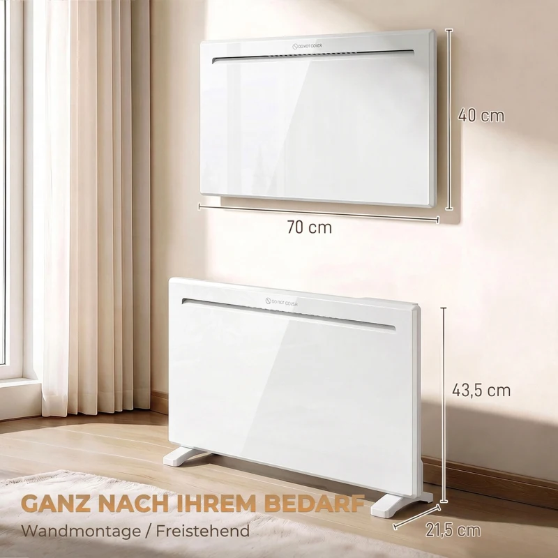 HOMCOM Smart-Panelheizung 1500 W, freistehend/Wandmontage, Elektroheizung mit 7-Tage-Timer, Fenstererkennung, Frostschutz, Weiß