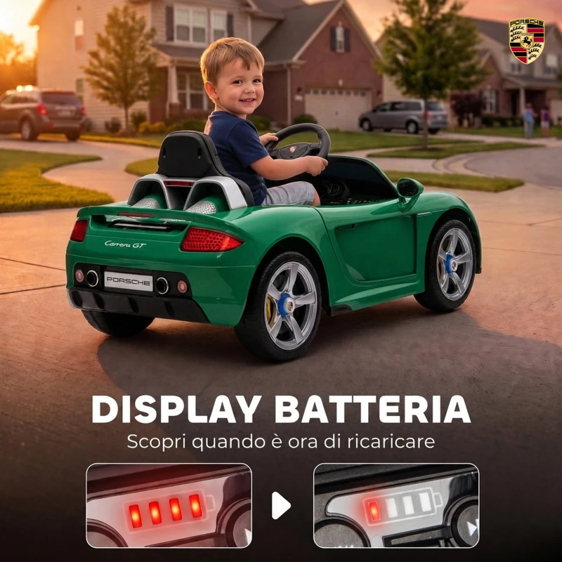 AIYAPLAY Auto Elettrica Bambini Porsche Carrera GT 12V con Telecomando, 2 Motori, Sospensioni e Porte Apribili, Verde
