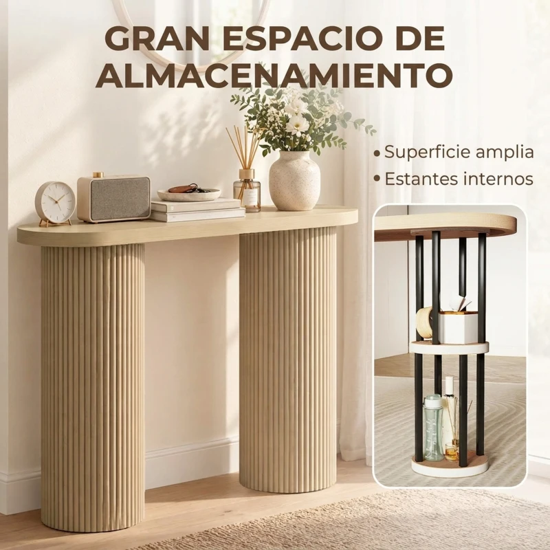 HOMCOM Mesa Consola con Patas Acanaladas Almacenamiento Oculto Patas de Columnas 103x35x80 cm Roble