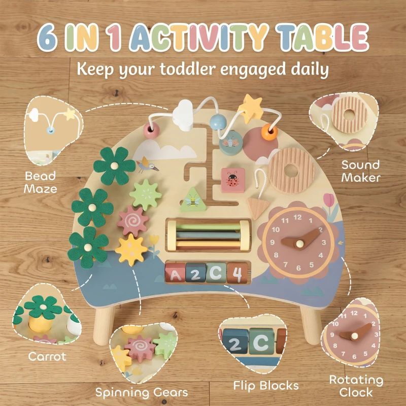AIYAPLAY Wooden Baby Activity Table for 1-3 Years, 6-in-1 Montessori Activity Table with Gears, Bead Maze, Rotating Clock