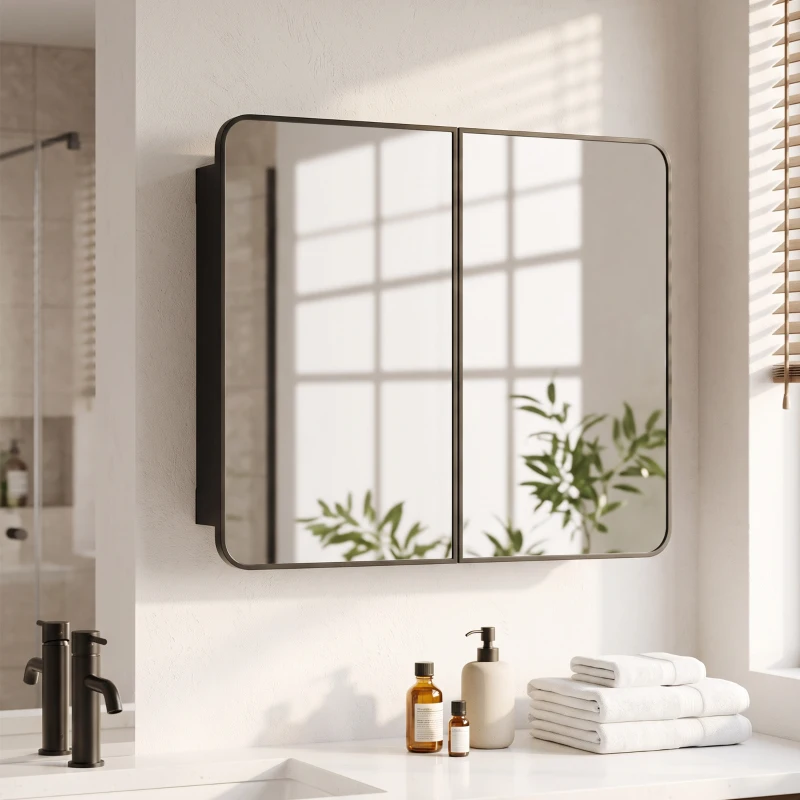 HOMCOM 76.2 x 11.6 x 61 cm Bathroom Mirror Cabinet, Wall Cabinet with Adjustable Shelves, Wall-Mounted or Recessed, Black