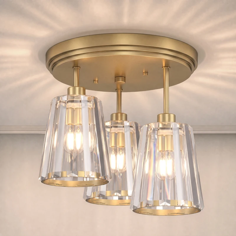 HOMCOM 3-Light Crystal Glass Ceiling Light, Triple Head with Dual Mounting, Modern Ceiling Lamp for Living Room, Gold Tone
