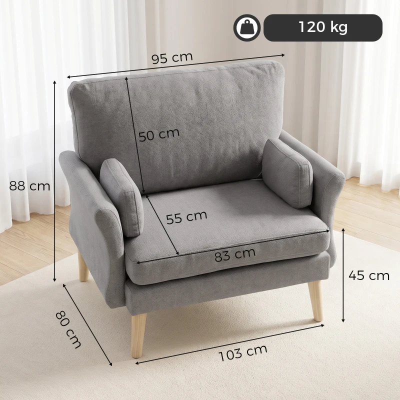 HOMCOM Fauteuil rembourré avec ressorts ensachés, fauteuil à accoudoirs avec pieds en bois massif, Gris foncé