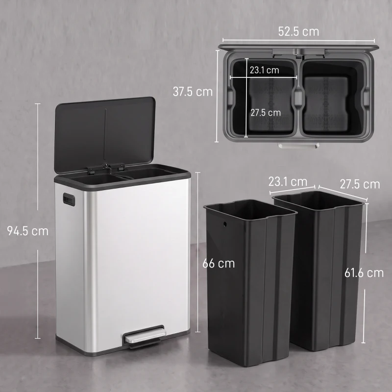 HOMCOM Coș de bucătărie 2 x 30 L, cu pedală, din oțel inoxidabil, găleți detașabile și capac soft-close, argintiu