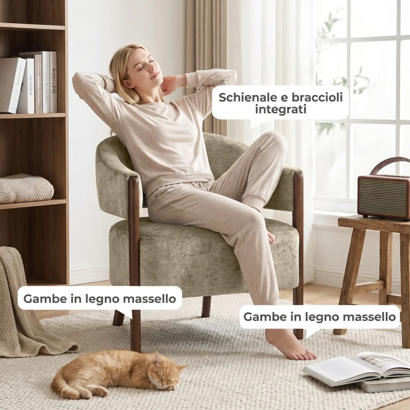 HOMCOM Poltrona da Camera Rivestita in Ciniglia con Struttura e Gambe in Legno Massello, Marrone Chiaro