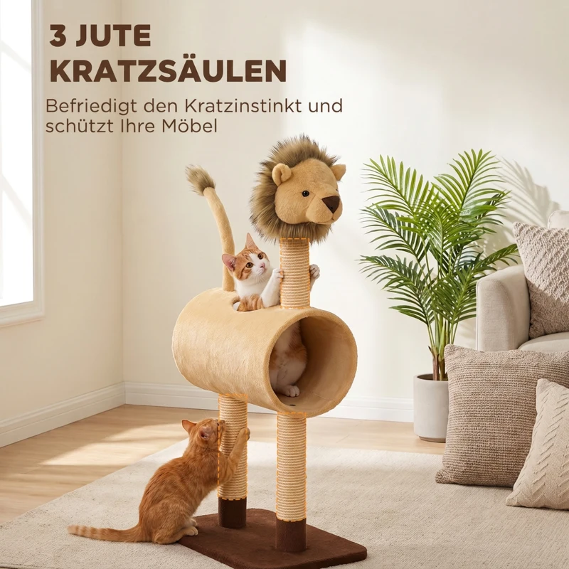 PawHut Krabpaal 104 cm, kattenboom in leeuwdesign met krabpalen, tunnel en hangende staart, voor katten tot 7 kg, lichtbruin