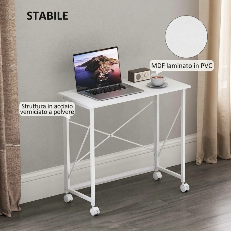 HOMCOM Scrivania Salvaspazio Pieghevole, 80x40x75 cm, Ruote a Freno per Casa, Studio e Ufficio, Bianco