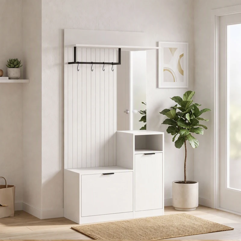 HOMCOM Cuier 6-în-1 Mobilier de intrare cu banc pentru încălțăminte, oglindă, sertar basculant, etajere reglabile, 4 cârlige, alb