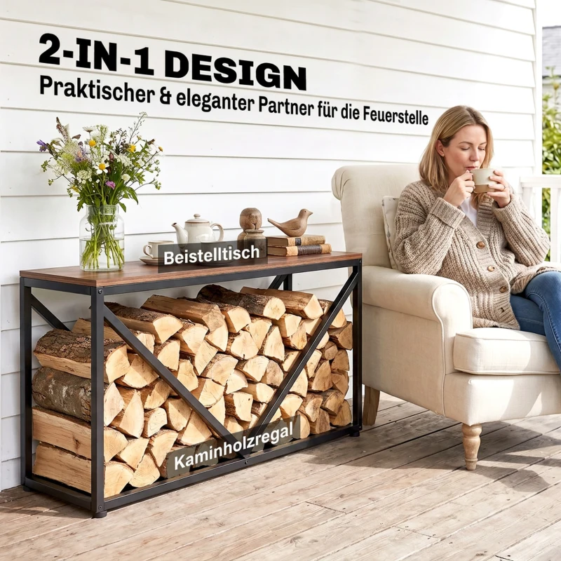 Outsunny 2-in-1 brandhoutrek voor binnen, 98 x 28 x 50 cm, verhoogd haardhoutrek met blad, scheidingswand en bijzettafel