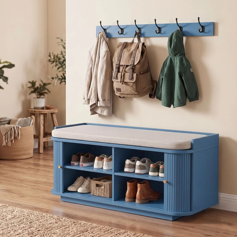 HOMCOM Hallway Storage Unit, Hallway Furniture Set with Shoe Storage Cabinet and 5 Hooks Coat Rack, Blue