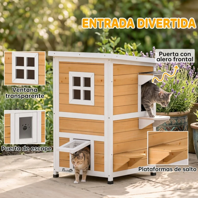 PawHut Caseta para Gatos de Madera Exterior de 2 Niveles con Techo Abatible Panel Central Extraíble 51x51x81,3 cm Natural