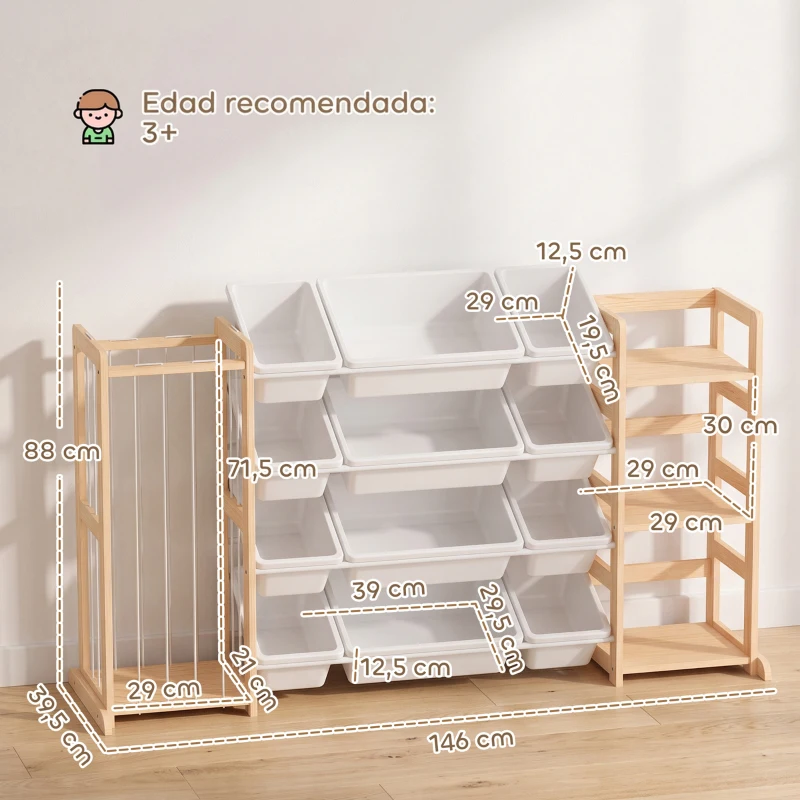 AIYAPLAY Estantería Infantil de Juguetes de Madera con 12 Cajas Organizador de Peluches 3 Estantes 146x39,5x88 cm Natural