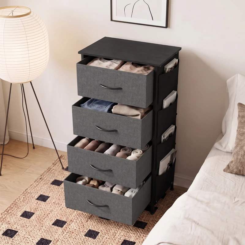 HOMCOM Chest of Drawers, Dresser with 4 Fabric Drawers, 4 Pockets, 2 Hooks and Steel Frame, Storage Unit, Grey