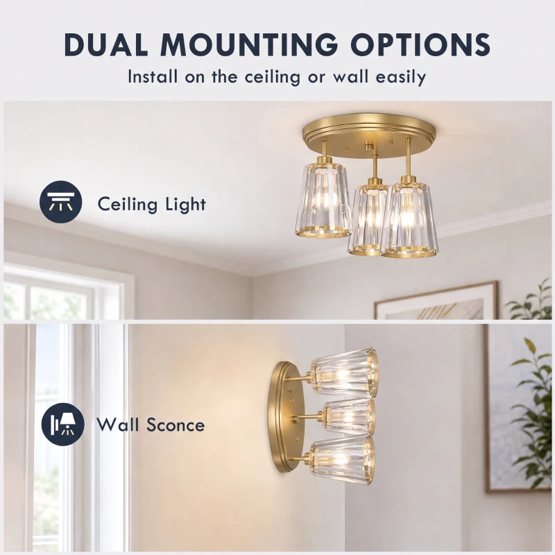 HOMCOM 3-Light Crystal Glass Ceiling Light, Triple Head with Dual Mounting, Modern Ceiling Lamp for Living Room, Gold Tone