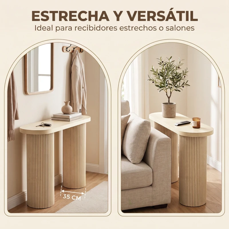 HOMCOM Mesa Consola con Patas Acanaladas Almacenamiento Oculto Patas de Columnas 103x35x80 cm Roble