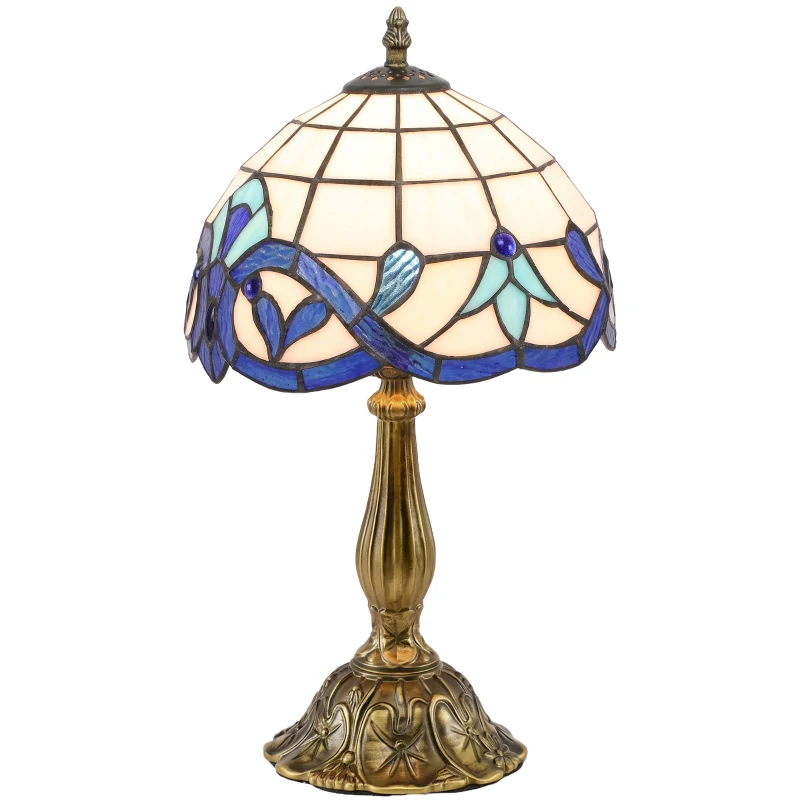 HOMCOM Candeeiro de Mesa Tiffany Vintage Candeeiro de Cabeceira com Abajur em Vidro Colorido para Quarto e Sala Azul
