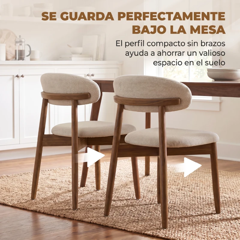 HOMCOM Juego de 2 Sillas de Comedor Tapizadas de Lino sin Brazos Respaldo Curvado Patas de Madera de Caucho Crema