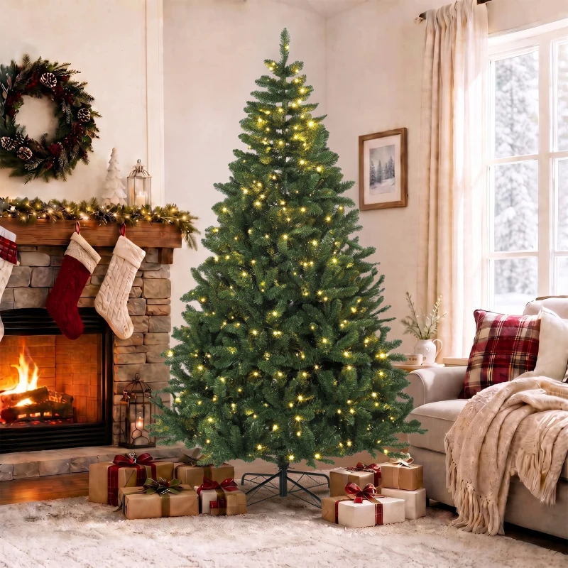 HOMCOM Árbol de Navidad 210 cm con 350 Luces LED 11 Modos Mando a Distancia 1210 Puntas Base de Acero Plegable Verde